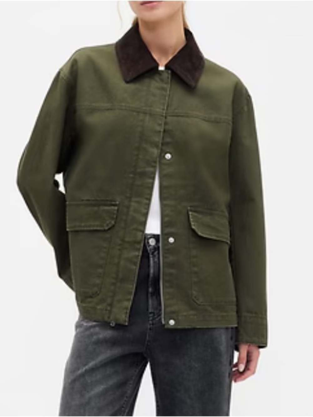 GAP Olive Green Field Chore Barn Jacket with Dark Brown Collar